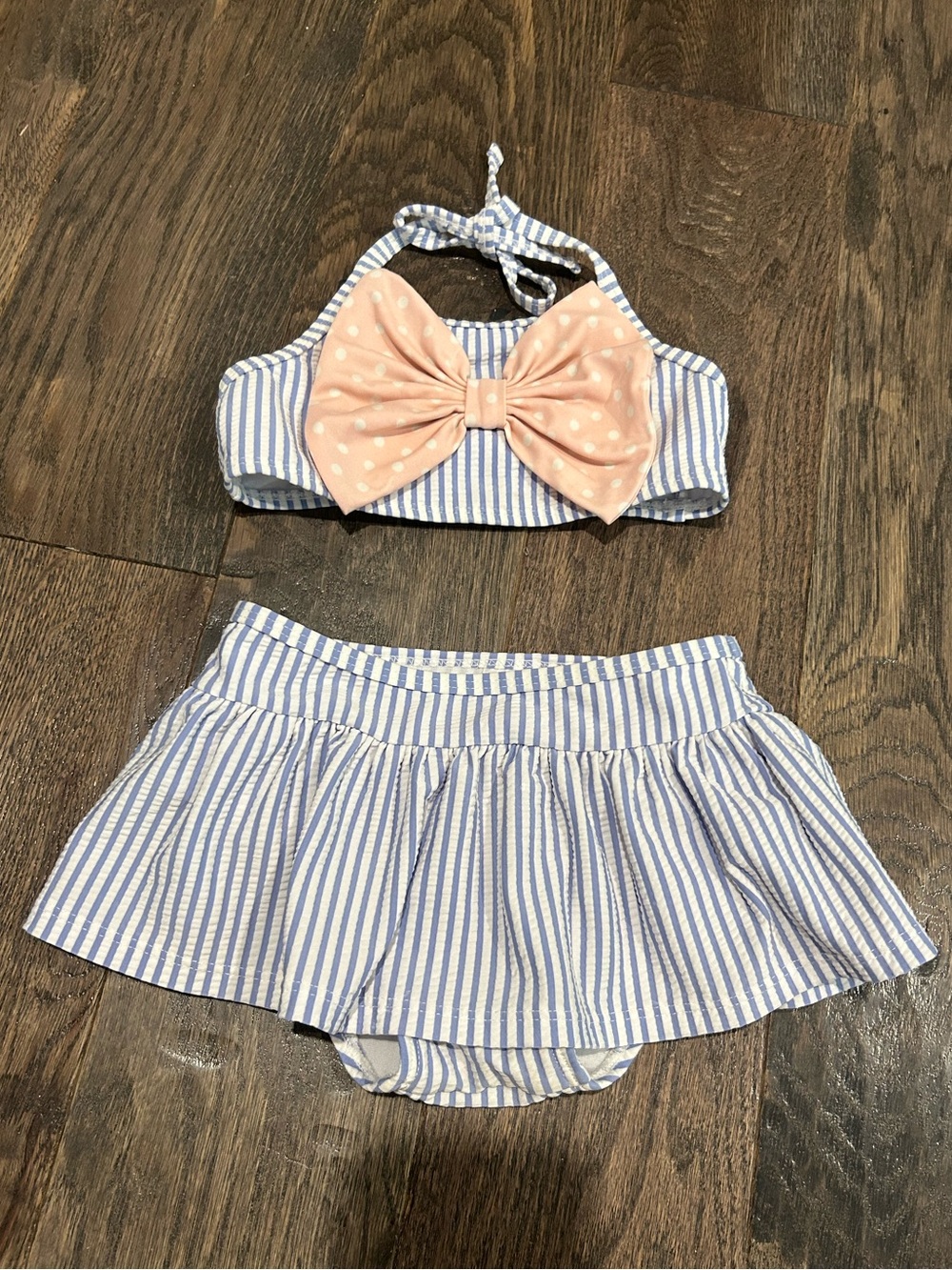 Ruffle Butts Blue & Pink Striped Two-Piece Swim Set with Bow Size 2T